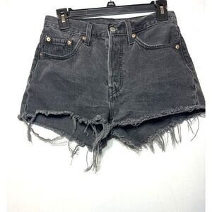 Levis 501 High Rise Distressed Denim Shorts Black Cut Off Button Fly W26
